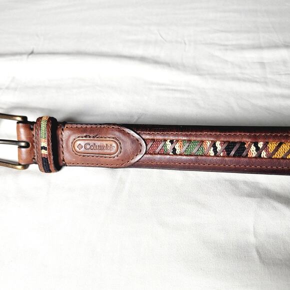 Columbia Belt Mens 44 Brown Leather Woven Cotton Inlay Brass Buckle IL00247 - Picture 1 of 8